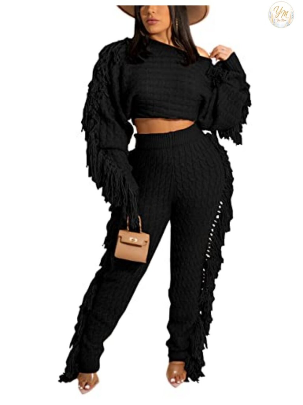 KANSOON 2 Piece Cable Knit Sweater Set Fringe Crop Top & Pants
